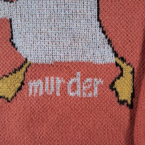 Graphic Crew Neck Duck Knife Murder Orange Pullover Sweater  Medium Funny Dupe - Picture 2 of 3